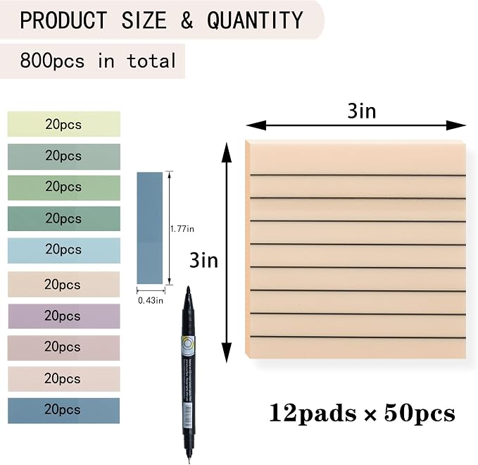 800Pcs Transparent Sticky Notes, Orange Yellow Clear Sticky Notes with Lined, 3"x3" Waterproof Translucent Sticky Note Pads, Index Tabs, Clear Post it Notes for Bible Study, See Through Sticky Notes