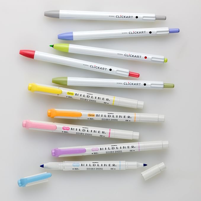 10-Pack Journaling Set - Zebra Pen Mildliner HL (5) & Clickart (5)