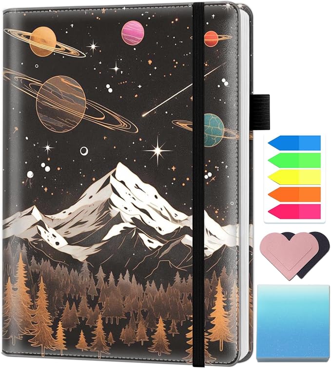 A5 Leather Lined Journal Notebook, 200 Pages Hardcover Executive Notebook for Office School Note Taking, Thick Writing Paper Daily Journal with Bookmarks/Indexes, Universe Galaxy Stars Mountain