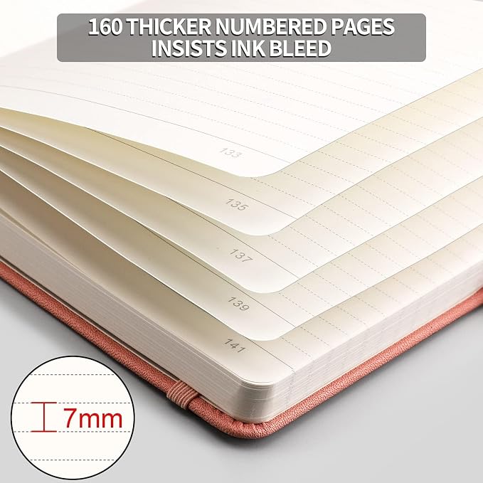 AHGXG Lined Journal Notebook, 320 Numbered Pages, A5 (5.75'' X 8.38'') | Thick Lined Notebook for Note Taking, 100GSM Paper, Leather Hardcover, for Women Men (Pink)