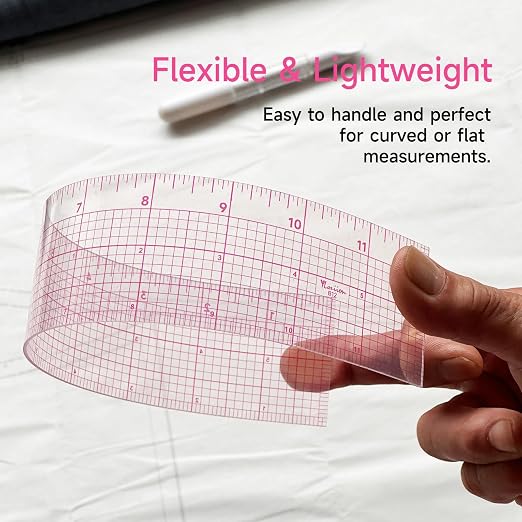 YLAZIION Clear Ruler for Sewing 2x12 Inch Easy Read Grid Graph Ruler 1.4mm | Upgraded Rose Red Markings, Flexible Plastic Ruler for Pattern Grading, Tailoring & Quilting, 16THS Enlarged Scale for Sewing
