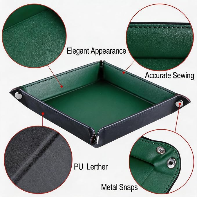 Valet Tray Desktop Storage Organizer – Vegan Leather Catchall Tray Bedside Vanity Tray Nightstand Caddy Holder for Remote Controller, Watch, Keys, Phone, Wallet, Coin, Jewelry, Midnight Green