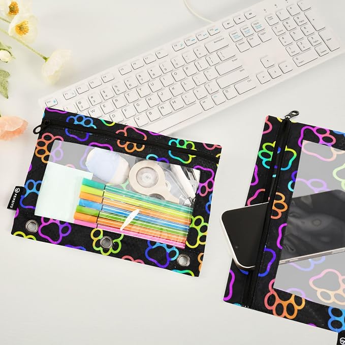 Paw Pencil Pouches for 3 Ring Binder 2 Pack | Binder Pencil Case With Zipper Reinforced GrommetsPencil Bags for Office Organizers