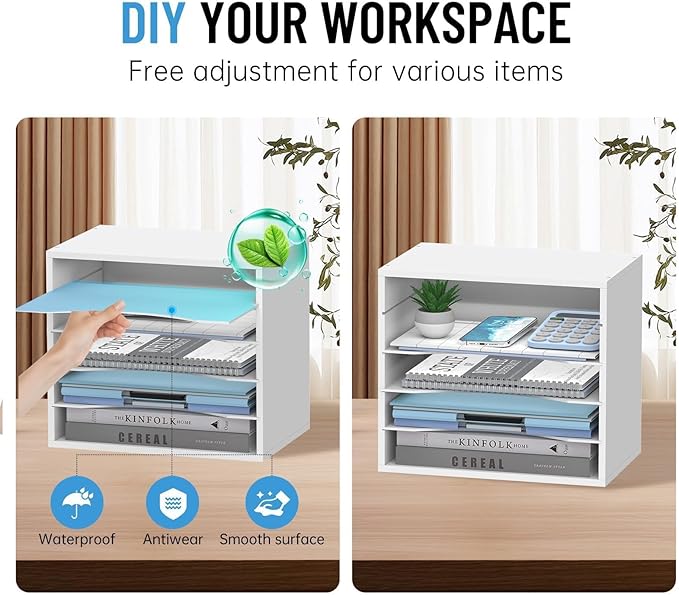 5-Tier Paper Organizer for Desk, Adjustable Mail Organizer, White | 5-Tier Paper Organizer and Mail Organizer for Desk with Adjustable Shelves for Letter Size Files Folders and Office Supplies