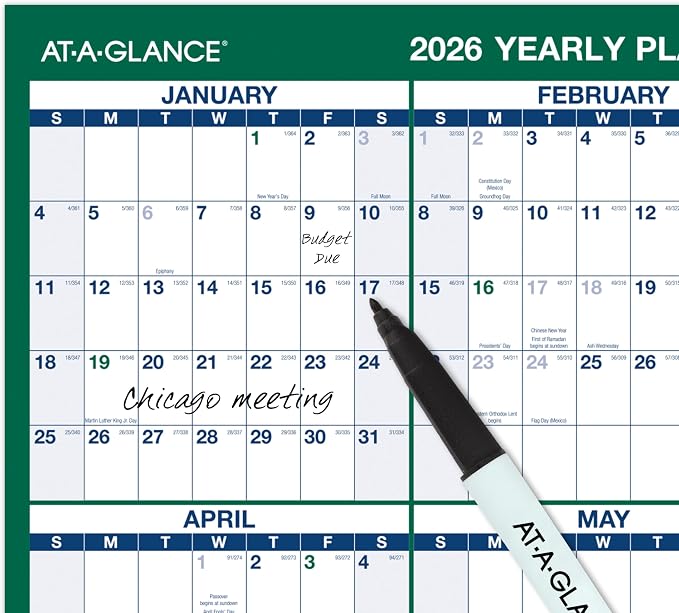 AT-A-GLANCE 2026 Erasable Calendar, Dry Erase Wall Planner, 24" x 36", Large, Vertical, Reversible (PM2102826)