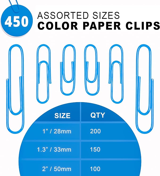 Kempshott 450 Blue Color Paper Clips Assorted Sizes Small, Medium and Large Paper Clips for Paperwork Ideal for Home, School and Office Use (Assorted, Blue)