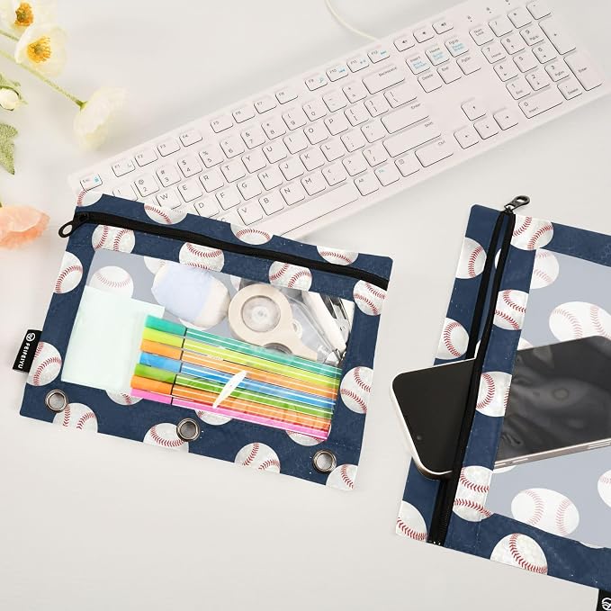 Baseball Pencil Pouches for 3 Ring Binder, Zipper Binder Pencil Case, 2 Pack Clear Window Case Bag for Office Organizers