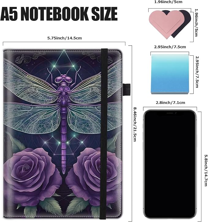 Hardcover Executive Notebooks, A5 PU Leather Lined Journal Notebook, 200 Pages Thick Paper Subject Notebooks for School,Work,Home Writing Business Notebook, Diary Book, Purple Dragonfly 2
