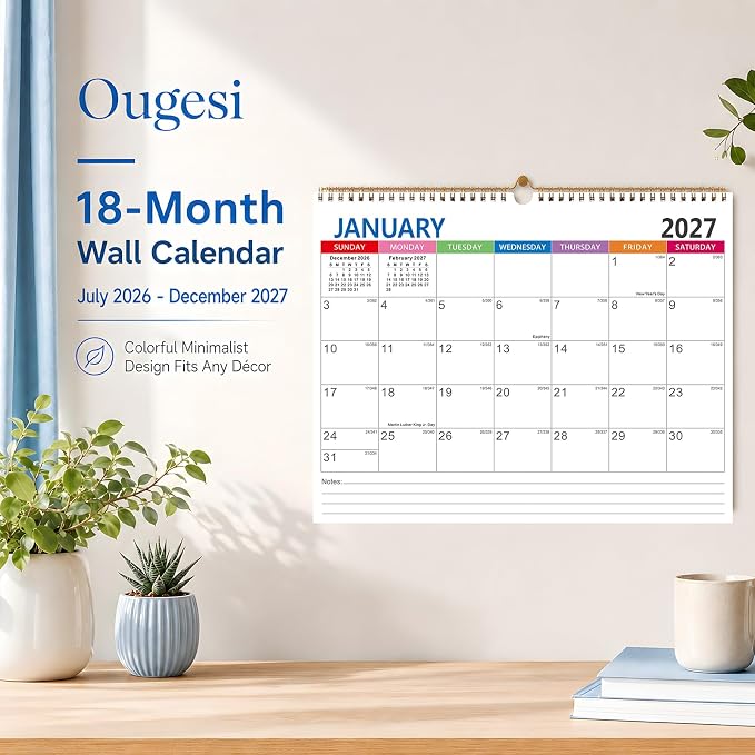 Wall Calendar 2026-2027, 18 Months Academic Calendar, July. 2026 - Dec 2027, 14'' × 11'', Monthly Wall Hanging Calendar with Thick Paper for Office Home Minimalist