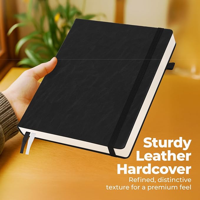 Thick Lined Journal Notebook 8.5x11" with Big A4 Hardcover Leather - Black - 300 Pages College Ruled Large with Sticky Tabs, Pockets, & Pen Loop for Writing and Journaling - Hard Cover Fancy Notebook