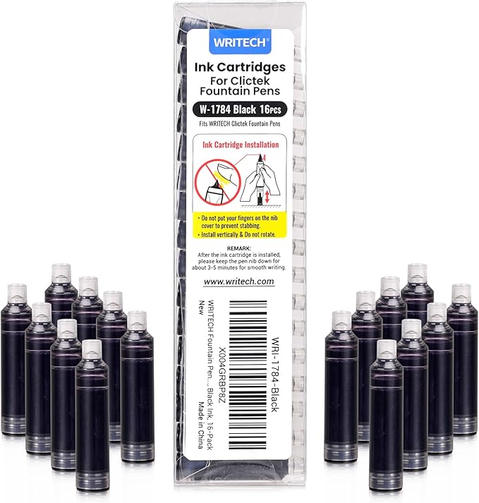 WRITECH W-1784 Cartridge Black Ink: 16ct Black Ink Cartridges Set Clictek Fountain Pens