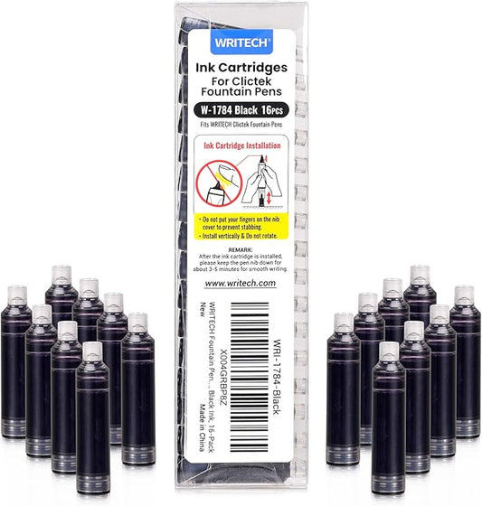 WRITECH W-1784 Cartridge Black Ink: 16ct Black Ink Cartridges Set Clictek Fountain Pens