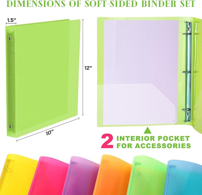 Fulmoon 6 Pack Plastic 3 Ring Binder Assorted Colors Economy Flexible Round Ring Presentation Binders with Pocket for Office School Meeting(1.5 Inch,Neon Colors)