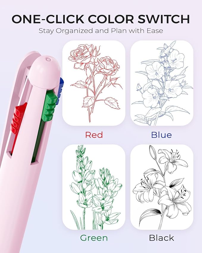 Four Candies Multicolor Pens, 4-in-1 Retractable Pens, 9 Count | Retractable Multi Color Pens Fast Dry, Smooth Writing for Planners and Journaling, Nurse Accessories for Work