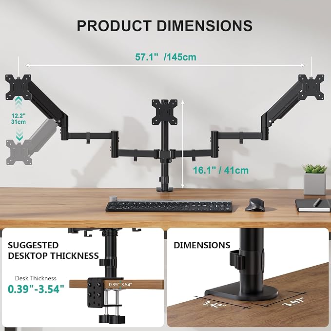 WALI Triple Monitor Mount for 13-32 inch Screens, up to 17.6 lbs per Arm | Adjustable 3 Monitor Desk Mount with Swivel, Tilt, Rotation, Triple Monitor Stand for Desk, VESA 75/100mm (GSDM003), Black