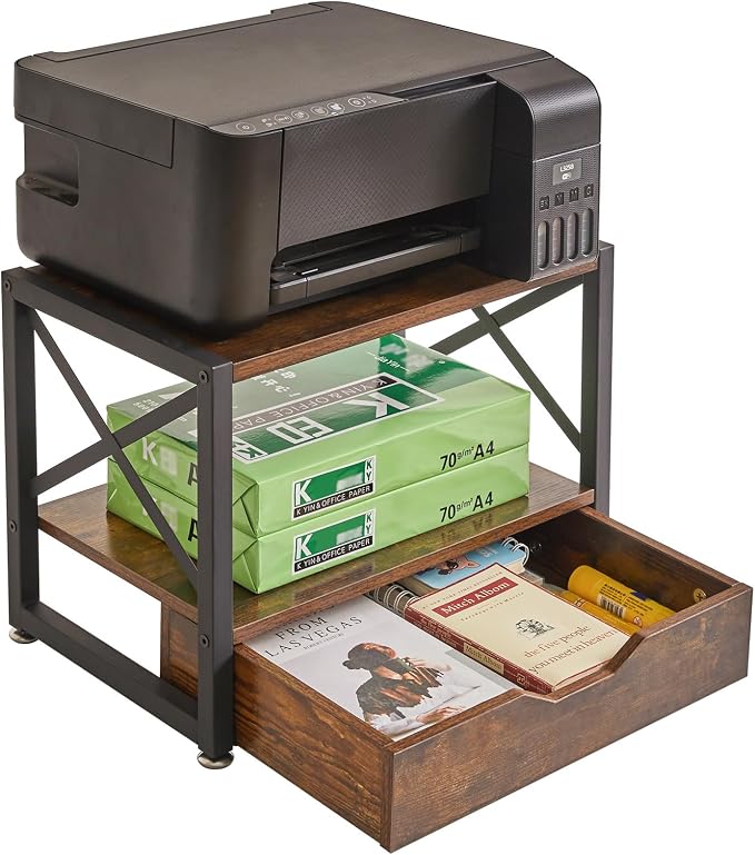 IBUYKE 2 Tier Desktop Printer Stand with Drawer Storage TLJ006H | Multi-Purpose Desk Organizer,Wooden Printer Stand for Folders,Books,for Fax Machine, Scanner,Home Office