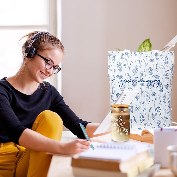 14 Pcs Inspirational Journal Kit for Women Aesthetic A6 Leather Journal Notebook Glass Cup Canvas Tote Bag Motivational Pen Stationery Set for Vbs Sunday School Teacher Back to School(Blue)