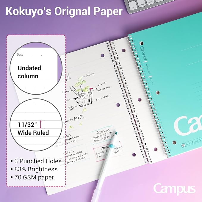 KOKUYO Spiral Notebooks, 3 Pack Wide Ruled 10-1/2" x 8" Lined Notebooks | Campus Subject Notebooks, 80 Sheets, 3 Holes School Japanese Ring Journal for Work Study Note Taking, Purple Orange Turquoise