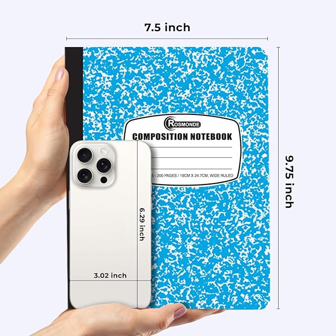 Rosmonde 100 Pack Bulk Composition Notebooks, Wide Ruled, 200 Pages (100 Sheets), 9-3/4 x 7-1/2, Hard Cover, Bulk School Supplies, Assorted Colors Marble Composition Journal, Bulk Notebooks for School