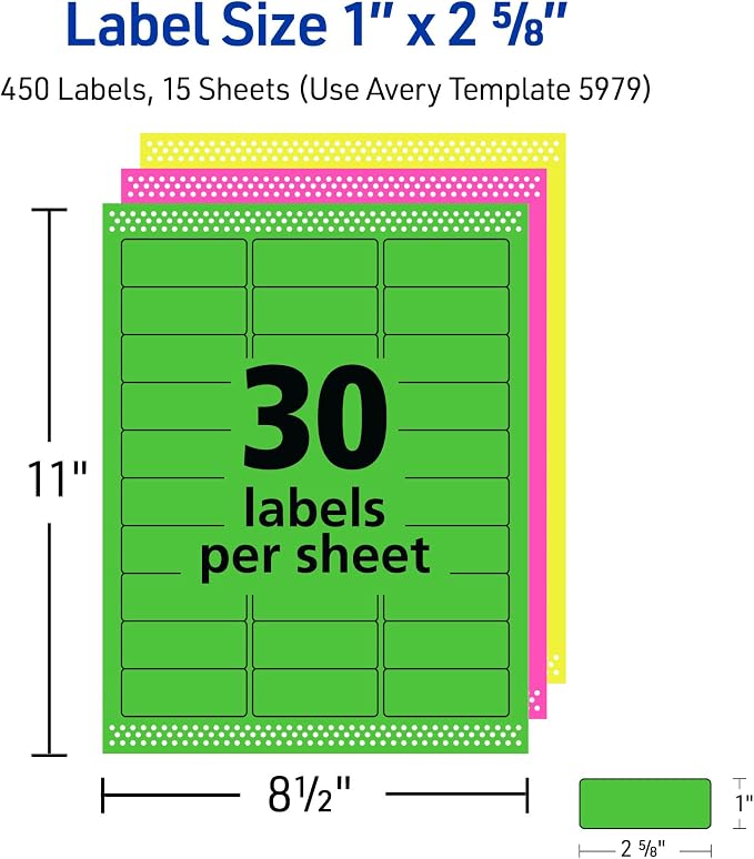 Avery Printable Address Labels with Sure Feed, 1" x 2-5/8", Assorted Neon Colors (Magenta, Green and Yellow), Laser & Inkjet Compatible, 450 Blank Labels Total (5979)