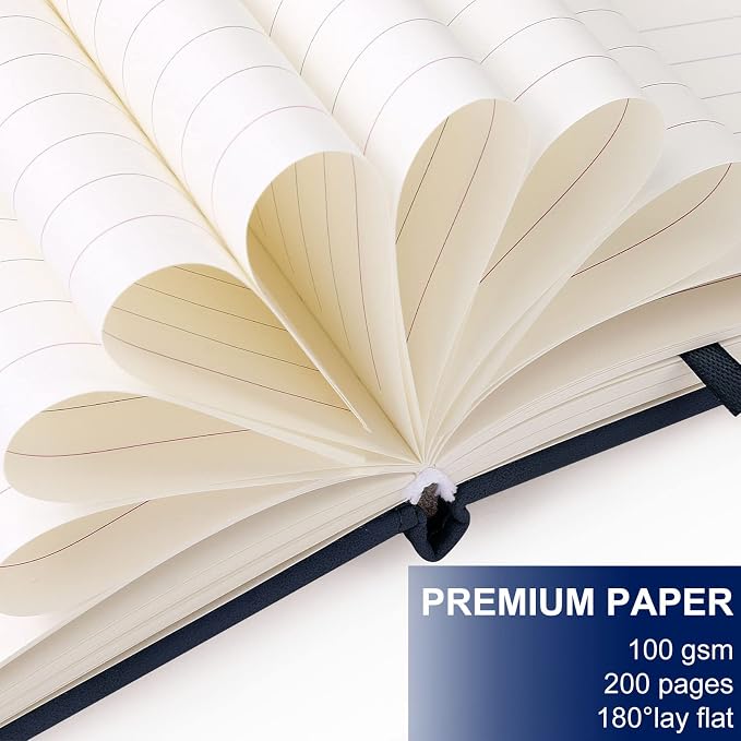 A5 Leather Journal Notebook with Pen, 200 Pages Hardcover Journal with Pocket, 100gsm Thick Lined Paper Daily Diary for Men and Women, Great Gift for Business School Travel Personal - Navy Blue
