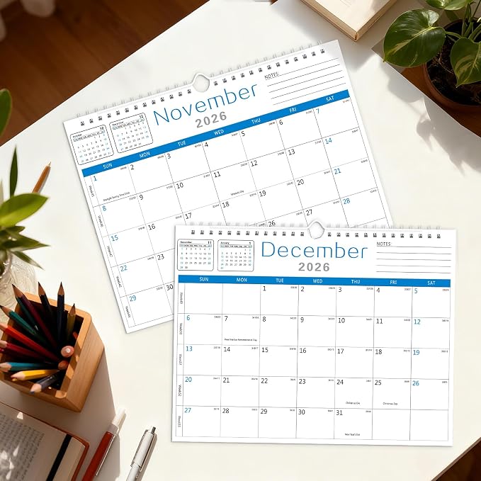 MZD8391 Calendar 2026-2027, 18 Months Wall Calendar From July 2026 To December 2027 with Julian Dates, 14" x 11" Thick Paper with Black Blocks For New Year (Blue)