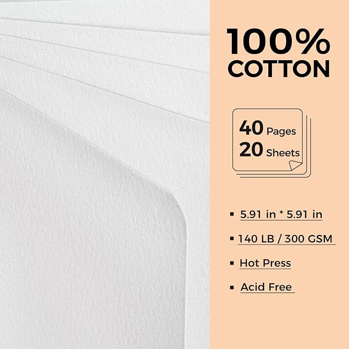 Watercolor Journal - 100% Cotton Cold Press Paper | 20 Sheets 40 Pages | 300GSM (140lb) | Linen Cotton Cover Watercolor Sketch Books for Artists Painting,Mixed Media 5.91 x5.91 in