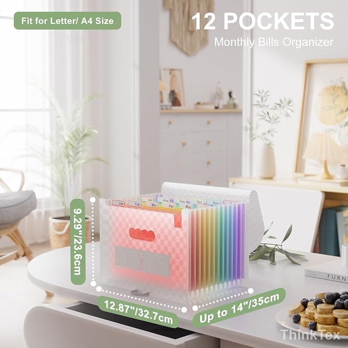 ThinkTex Accordion File Organizer, 12 - Pocket Expanding File Folders | for Paper Receipts, Bills & Taxes Organizer, Letter/A4 Size Document Holder for School, Office, home with Colorful tabs- Pink