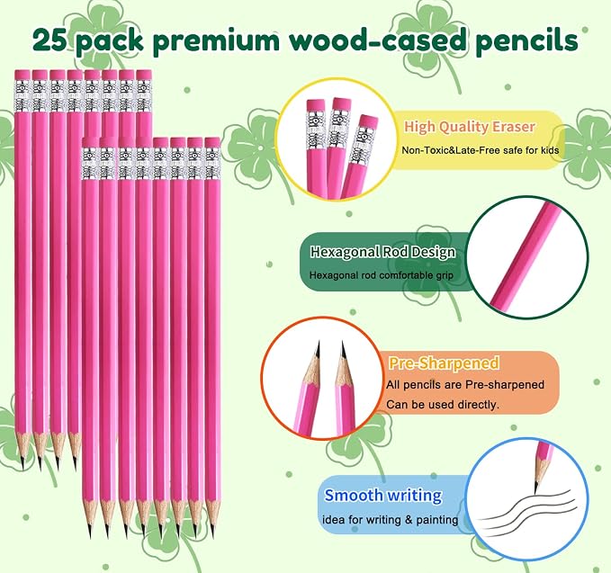 Adhere 25pcs Woodcase Pencils with Eraser Premium Pre-Sharpened Hexagon Graphite 2B pencils ideal for home, office writing including a Free Sharpener(Pink・25pcs)