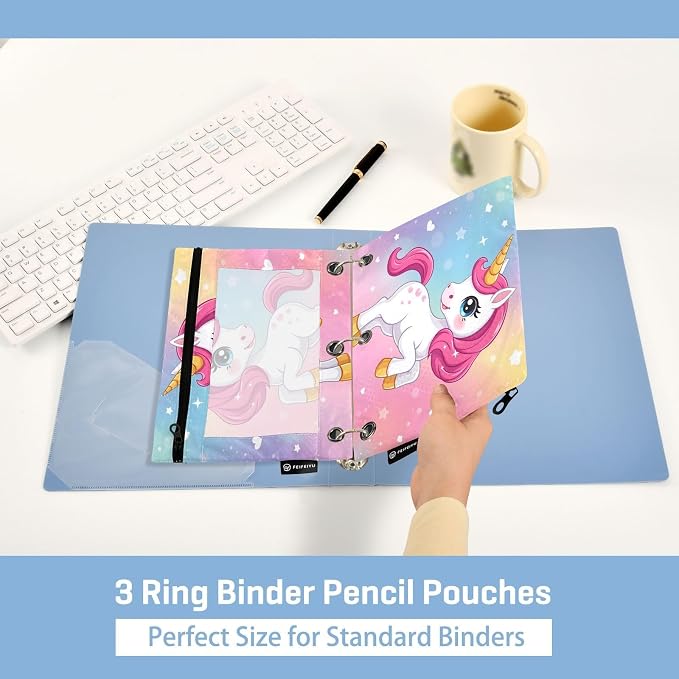 ALAZA Pencil Pouch for 3 Ring Binder, Cute Unicorn Rainbow Binder Pencil Pouches with Clear Window Zipper Pencil Case Cosmetic Bags for Office College Supplies, 2PCS