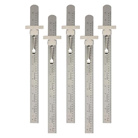 PEC Tools 6” Machinist Pocket Ruler – 5 Pack Bundle, Stainless Steel Ruler with Pocket Clip - mm and 64ths Graduations on Front, Metric Equivalents Chart on Back, Round End Metal Rule, Made in USA