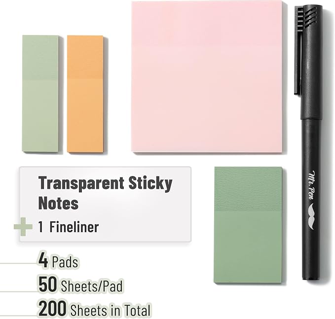 Mr. Pen- Transparent Sticky Notes Set, 200 Sheets | Transparent Sticky Notes and Planner Tabs with Black Fineliner Pen for Bible Study, Office, School, Planning