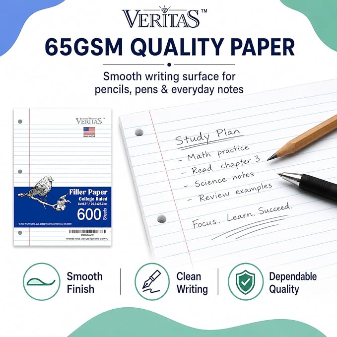 WritePads College Ruled Loose Leaf Paper, 600 Sheets Bulk Notebook Paper, 8"x10-1/2" 3 Hole Punched Filler Paper, Fits Standard 3-Ring Binder, 65lb Thick Paper, Made in USA
