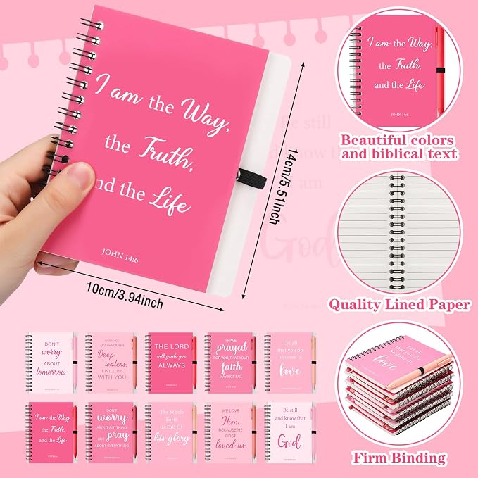 10 sets Pink Christian Gift Bulk Inspirational Prayer Journal Bible Spiral Notebook and Ballpoint Pen Religious Scripture Notepad for Women Teacher Church Gift Pink Party Favor