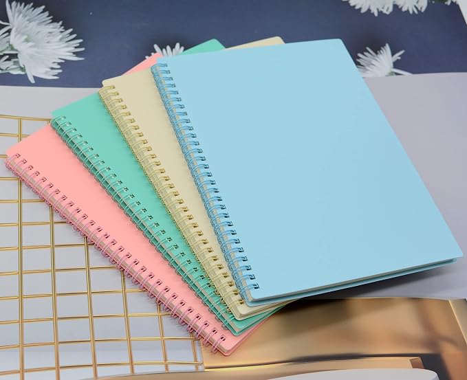 Yansanido Spiral Notebook, 4 Pcs 10.5 Inch x 7.45 Inch B5 Thick Plastic Hardcover 7mm College Ruled 4 Color 80 Sheets -160 Pages Journals for Study, Work, Travel and Notes (B5, 4 Pcs Light Color)
