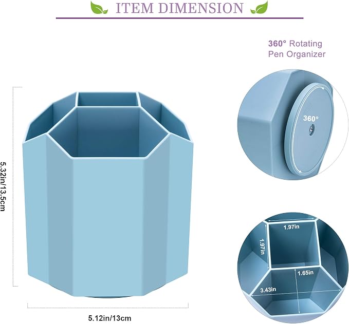 Siveit Desk Pencil Pen Holder, Rotating Pen Organizers 360-Degree 5 Grid Pen Holder for Desktop Storage Stationery Supplies Organizer, Home, Office, School, Kids, Blue