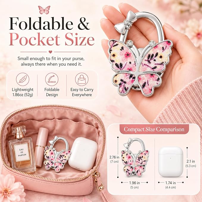 Purse Hook for Table, Foldable Handbag Hanger for Women, Portable Bag Holder with Non-Slip Base, Cute Flower Pink Glitter Butterfly Purse Table Hook for Restaurant Office Travel Gift
