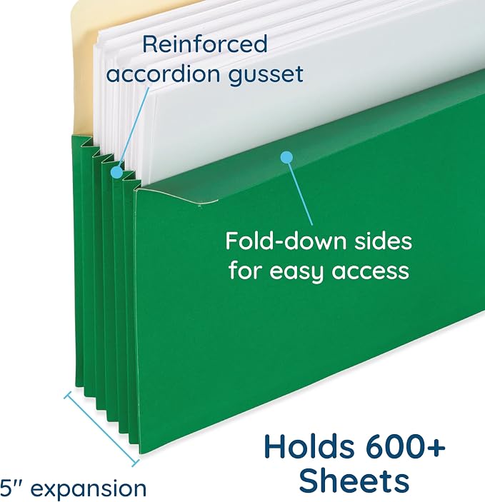 Blue Summit Expandable Legal File Folders for Bulky Documents, Legal Size, 5" Expansion, Assorted Colors, 10 File Pockets