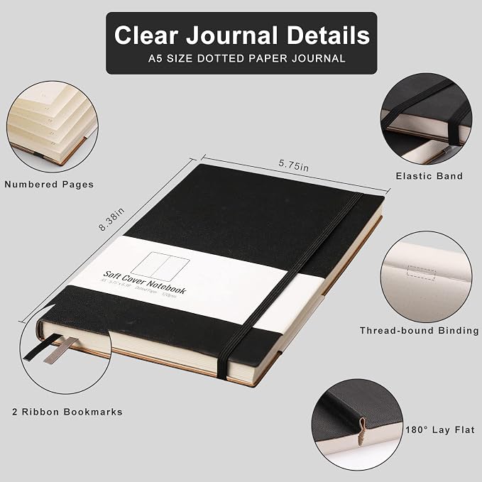 AHGXG Dotted Journal Notebook, 320 Pages, 120GSM, A5 (5.7'' × 8.3'') | 2 Pack, Leather Hardcover, for Journaling, Planning, Tracking (Blackblack)