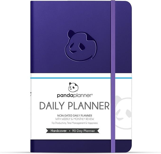Panda Planner Classic A5 Undated Daily Planner 2026-2027, 8.25x5.75 Purple | Hourly schedule, to do list, habit tracker, gratitude journal, quarterly layout, 100 GSM paper
