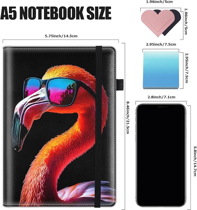 Hardcover Executive Notebooks, A5 PU Leather Lined Journal Notebook, 200 Pages Thick Paper Subject Notebooks for School,Work,Home Writing Business Notebook, Diary Book ，Flamingo with Sunglasses