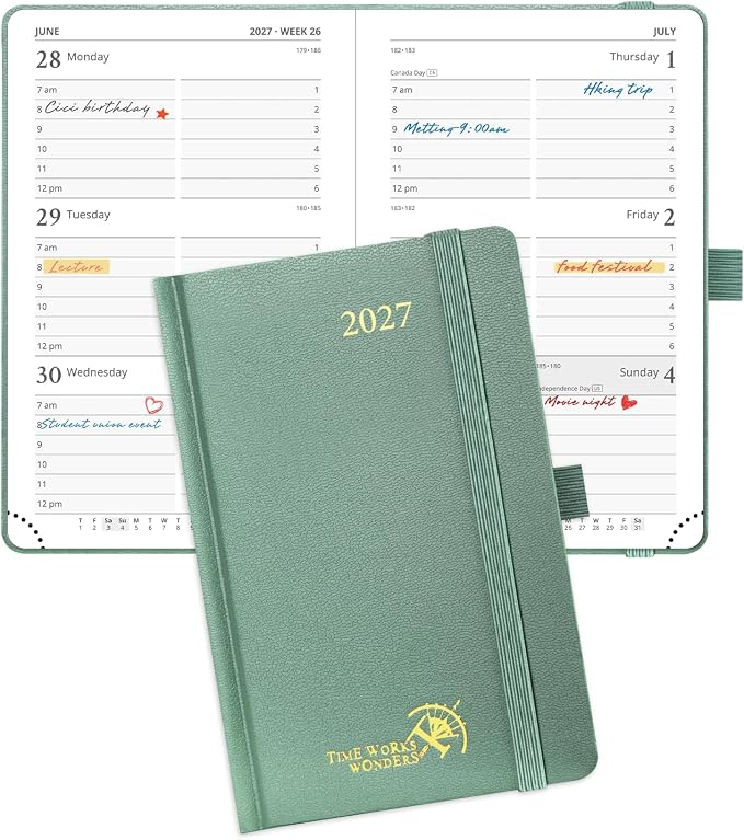 POPRUN Pocket Calendar 2027, 4" x 6.25" Pocket Calendar for Purse, Jan 2027 - Dec 2027 Small Planner, Weekly Appointment Book with Hourly Time Slots, Hardcover, 100 GSM - Midnight Green
