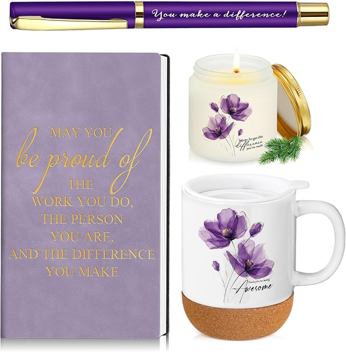 Sayglossy 4 Pcs Thank You Gift Set for Women Back to School Teacher Appreciation Gift Leather Notebook Purple Flower Coffee Mug Scented Candle Ballpoint Pen for Employee Coworker DSP Housekeeping Week