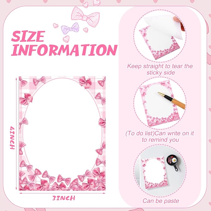 Chiisong 12 Pcs Pink Bow Sticky Notes Coquette Bowknot Self Adhesive Notepad Removable Memo Pad Pink Bow Party Supplies for Home Office Decor Birthday Wedding Bachelorette Party Decorations