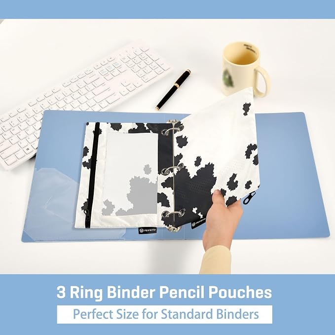 Gredecor 3 Ring Binder Pencil Pouch, Cow Skin Zippered Pen Case Pouches with Clear Window, 2 Pack Stylish Office & School Supplie
