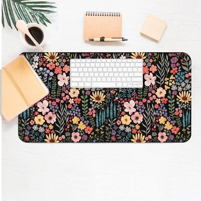 Flower Large Mouse Pad, Floral Desk Matt for Desktop, PU Leather Waterproof Desk Pad, Computer PC Laptop Protector Gaming Mouse Pads for Women Office Decor (27.5" x 13.8")