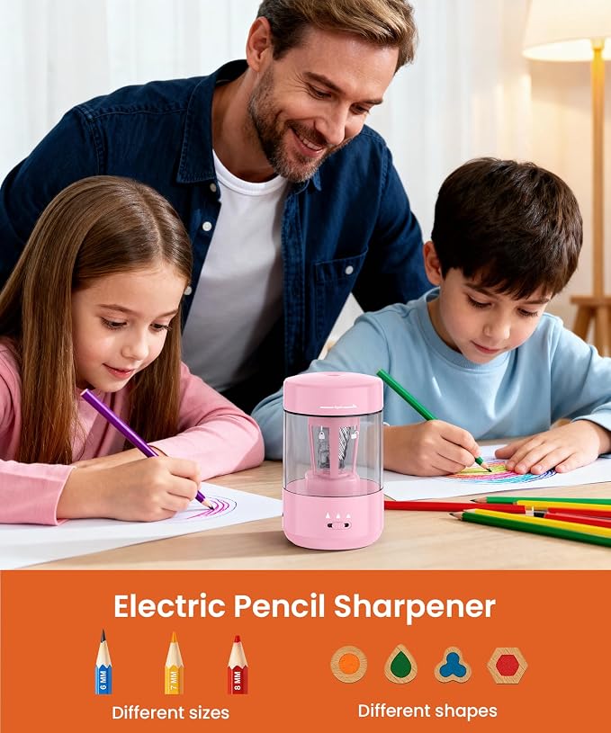 Electric Pencil Sharpener for Classroom, Fully Automatic Pencil Sharpener for 6-8mm Pencils & Colored Pencils, Auto in & Out Type-C Rechargeable Pencil Sharpeners for Home, School Light Pink