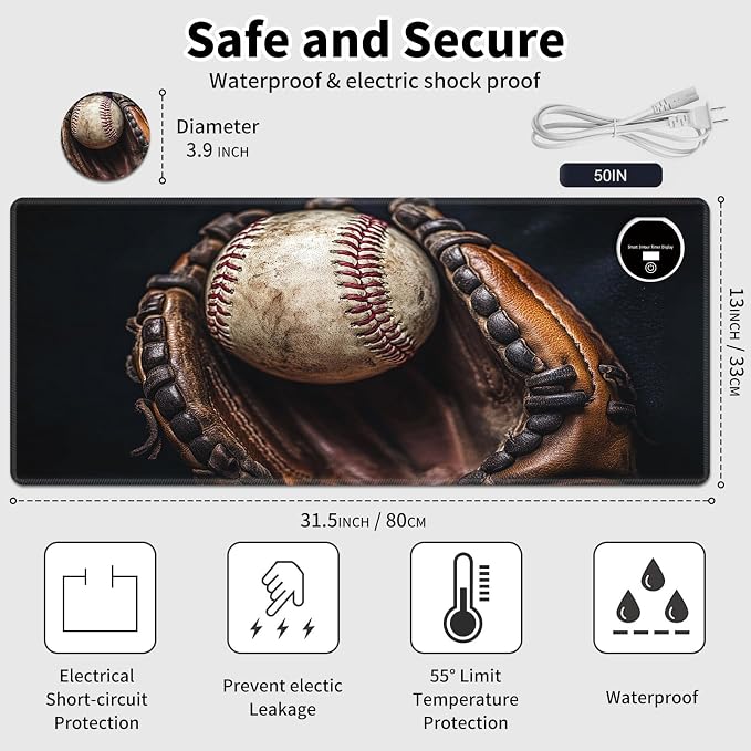 Warm Desk Pad,Heated Desk Pad,Office Mat,3 Heating Levels & 3 Hours Auto Shut-Off,31.5"*13" Gaming Mouse Laptop Keyboard Leather Desk Mat,Retro Baseball