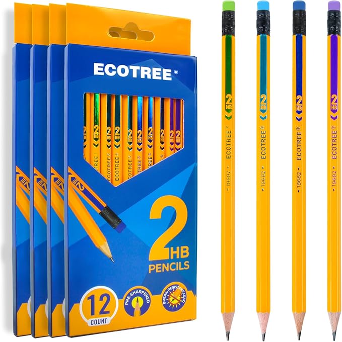 ECOTREE Pre-Sharpened Pencils #2 HB, Wood-Cased Number 2 Pencils with Erasers for Writing, Drawing, Sketching, Yellow Pencil Bulk for School Supplies, 48 Count