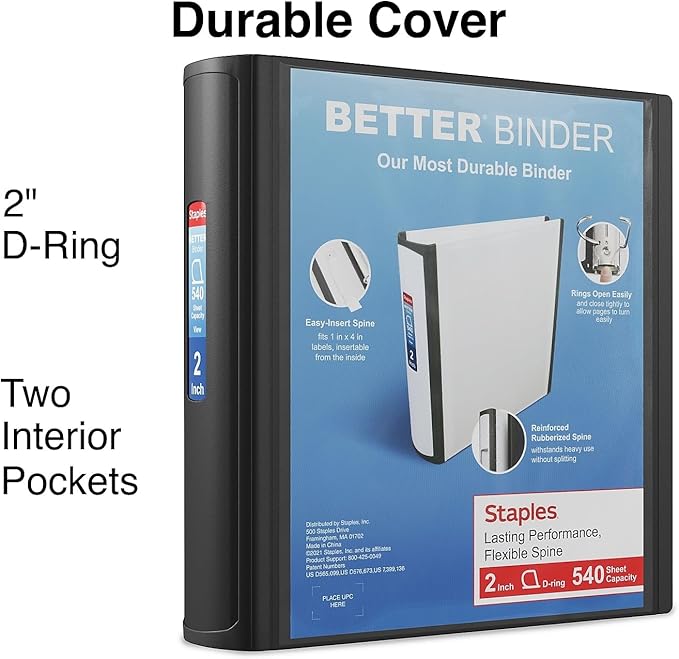 Staples Heavy-Duty 2-Inch D-Ring Binder, Black – Large Capacity 3-Ring Binder for School & Office Use